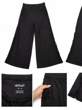 Aerie Black Wide Leg Pants w/ Side Slits & Pockets – Size M